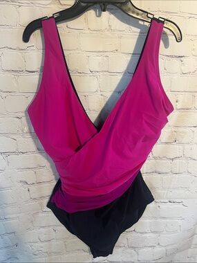 Size 12 LL Bean Fuchsia and Black One-Piece Swimsuit NWOT Plunge neck.